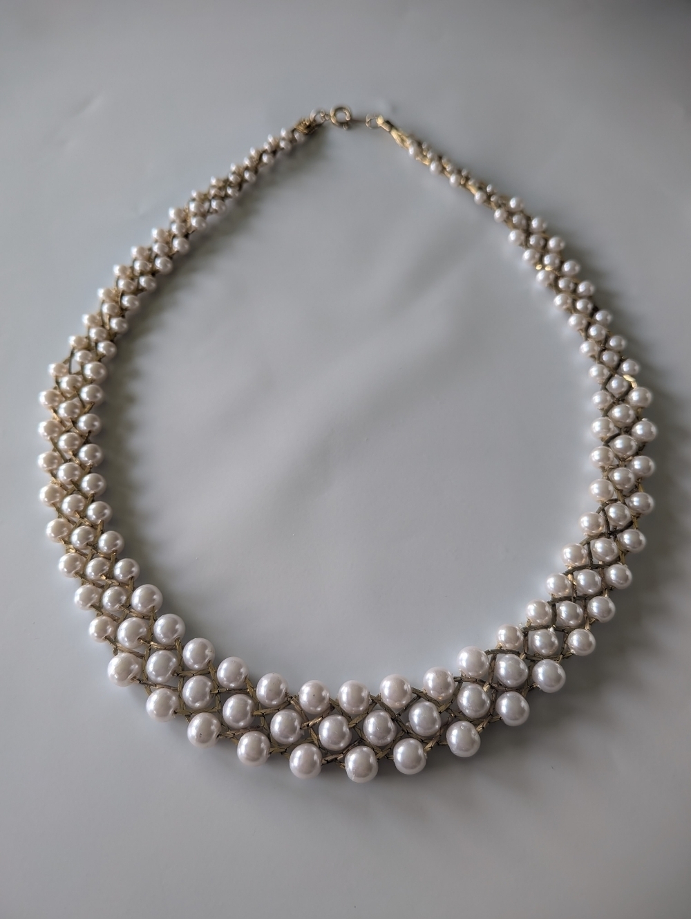 Triple Strand Gold Woven Faux Pearl Necklace - Picture 2 of 8